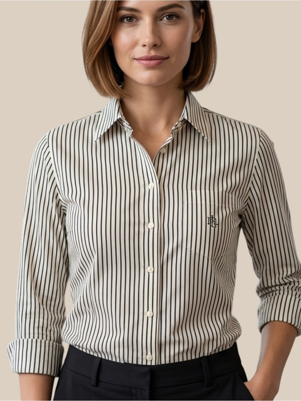 Lauren Ralph Lauren Striped Button Down Shirt Cream Black Monogram Cotton Shirt
